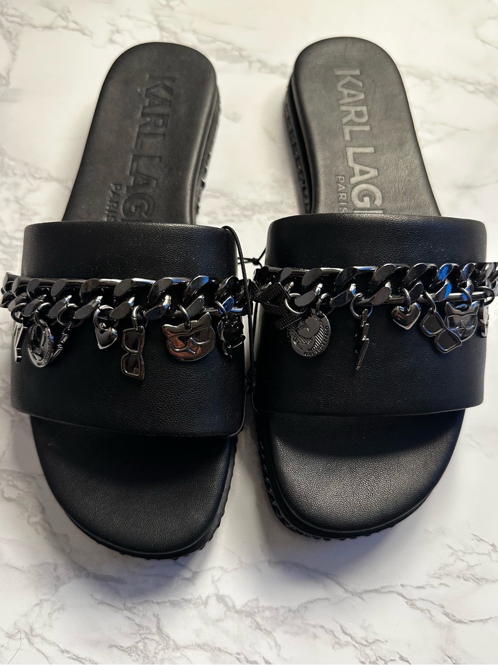 Karl Lagerfeld Black Charm-Chain Slide Sandals